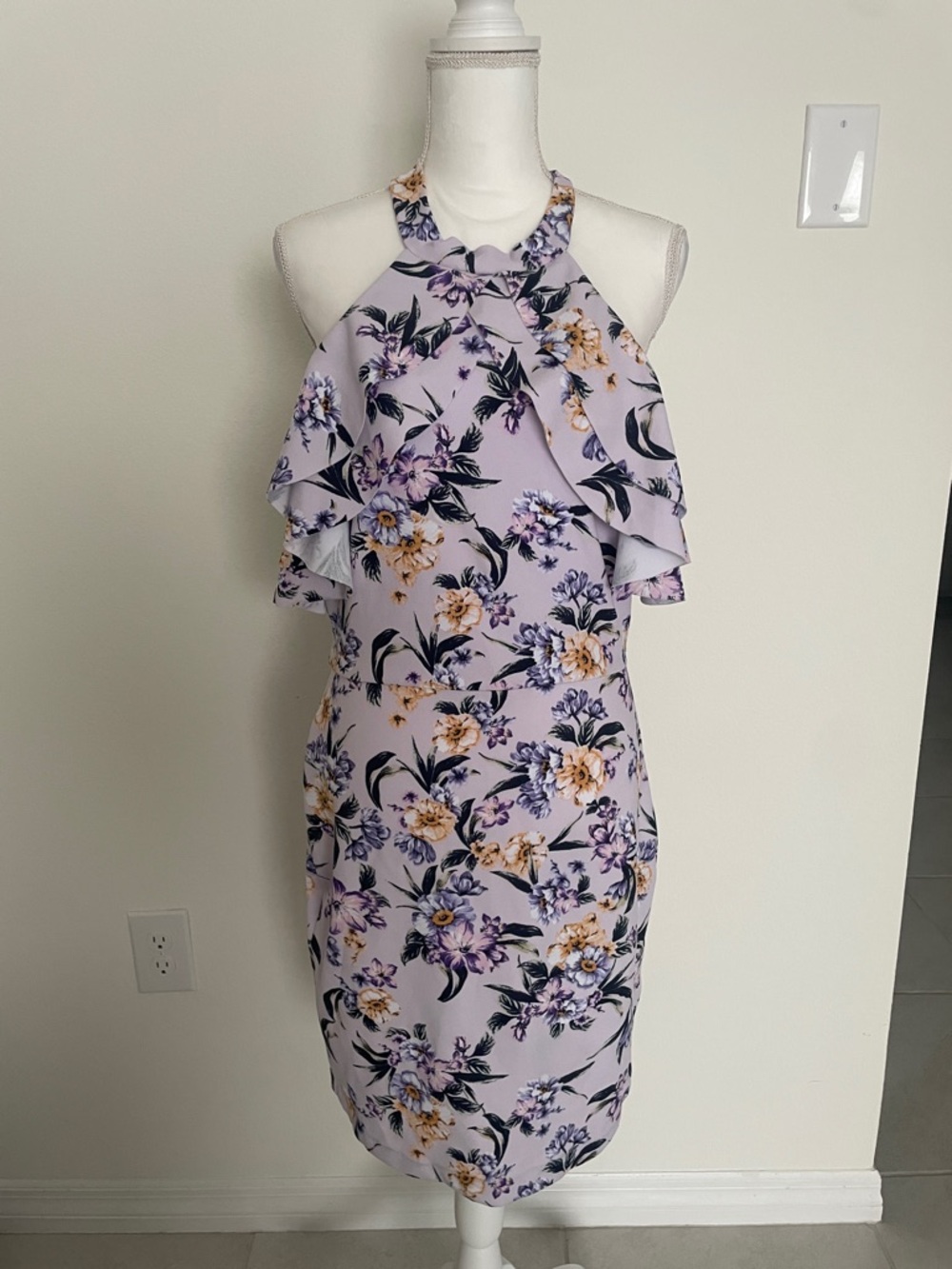 bebe Lilac Floral Halter Midi Dress with Ruffle Overlay